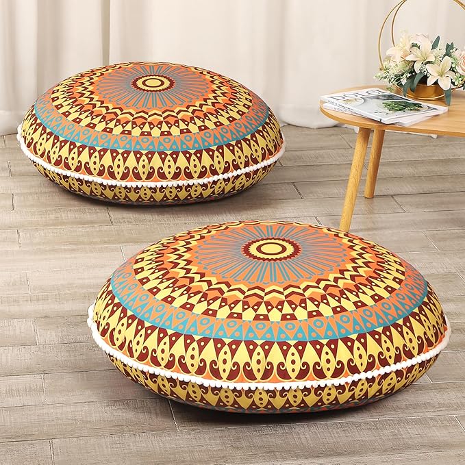 32 inches Meditation Floor Cushion for Adults, 2 Pack Round Large Thick Floor Pillow, Memory Foam Filling, Yellow