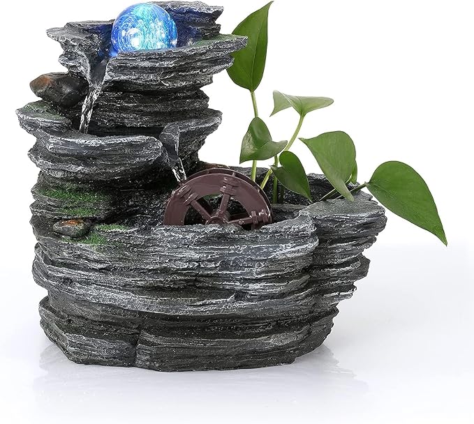 Tabletop Water Fountain,Environmental Resin Meditation Waterfall,Desktop Fountain with Waterwheel,Indoor Waterfall Feature with Crystal Ball and Light for Home Office Decor Relaxation 10X7X11in