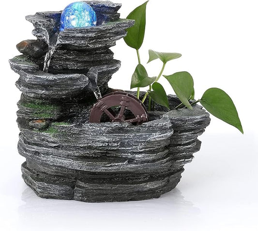 Tabletop Water Fountain,Environmental Resin Meditation Waterfall,Desktop Fountain with Waterwheel,Indoor Waterfall Feature with Crystal Ball and Light for Home Office Decor Relaxation 10X7X11in