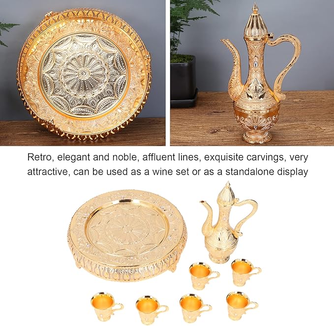 Alvinlite Vintage Small Turkish Coffee Pot Set, Turkish Tea Set with 6 Coffee Cups, Gold Wine Carafe and Glasses Set, Tiny Turkish Copper Coffee Cup Set for Home Tea Party 5.11 * 8.46inch(W*H) - Bloomnest