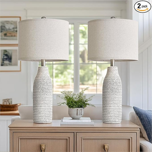25" Ceramic Table Lamps for Living Room, Modern Design Bedside Lamps Set of 2, Nightstand Lamps for Bedroom with Rotary Switch, Gray and White - Bloomnest