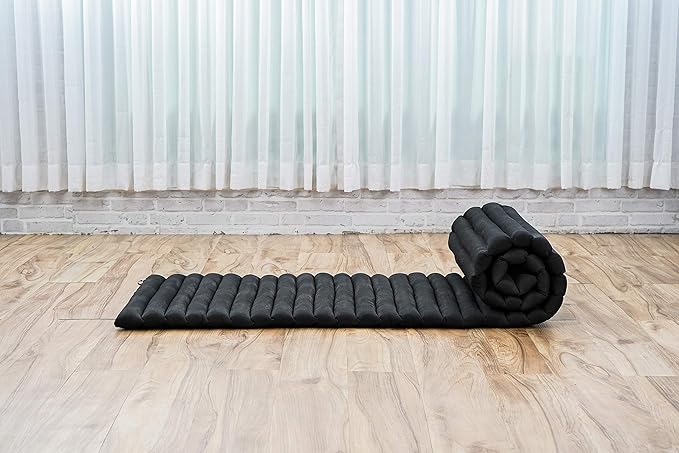 Leewadee - Foldable Floor Mattress - Japanese Roll Up Futon -Trifold Tatami Mat- Guest Floor Bed - Camping Mattress - Thai Massage Mat, Kapok Filled, 75 x 20 inches, Black - Bloomnest