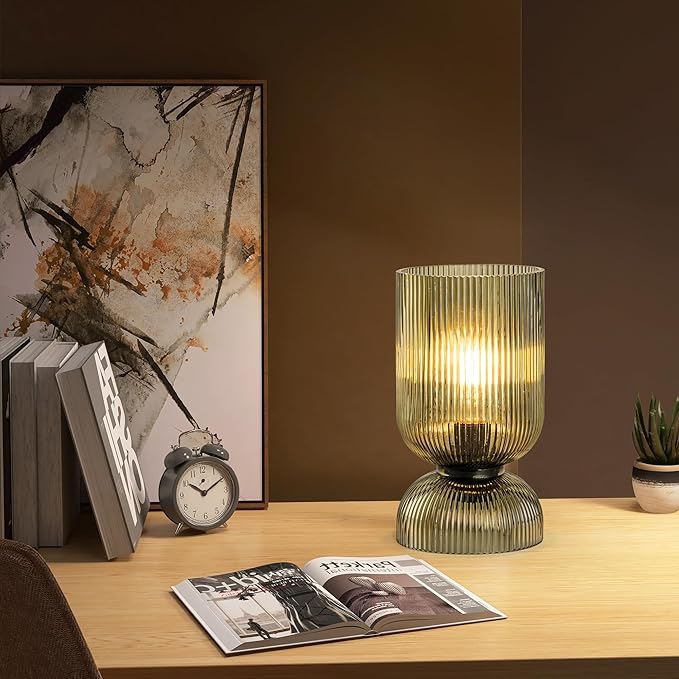 Modern Table Lamp,Glass Mid Century Lamp with Green Glass Shade, Bedside Lamp with On/Off Switch, Minimalist Nightstand Lamp for Bedroom, Living Room, Office (Bulb not Included) - Bloomnest