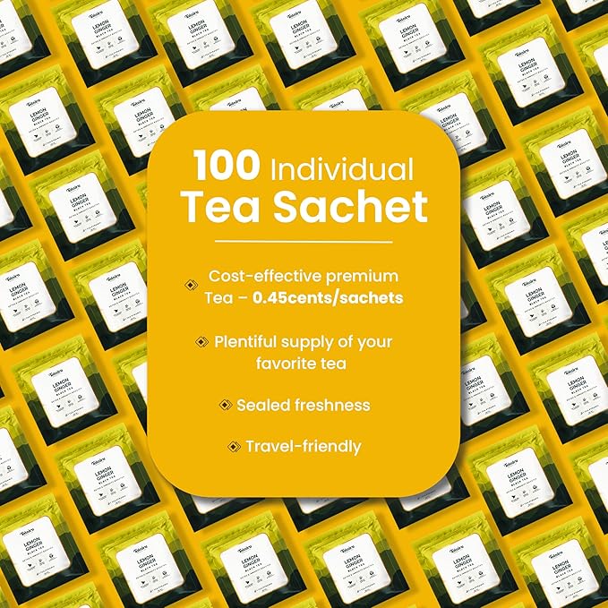 Teaniru, Lemon Ginger Black Tea - 100 Pyramid Tea Bags in Individual Sachets | Detox Tea - Medium Caffeine | 100% Natural Ingredients, Pure Leaf Tea - Brew Hot or Cold - Bloomnest