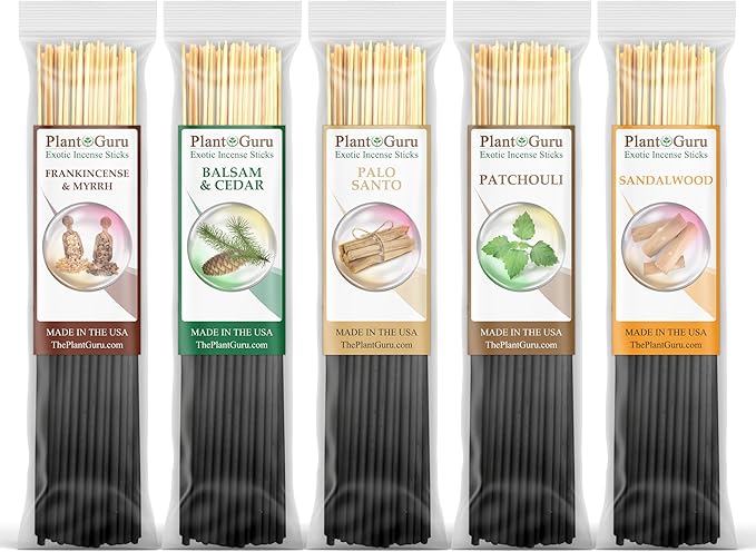Earth and Wood Incense Sticks Variety Set Bulk 500 Pack Sampler 7" Sticks - 5 Bundles of 100 Sticks Per Bundle. Frankincense and Myrrh, Balsam and Cedar, Palo Santo, Patchouli, Sandalwood. PlantGuru
