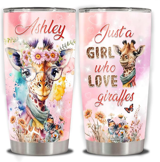 WAZONE Personalized Tumbler Just A Girl Who Loves Giraffes Flower Cute Animal Insulated Stainless Steel Giraffe Coffee Cup Travel Mug With Lid Custom Name 20oz 30oz Birthday Gifts For Girls - Bloomnest