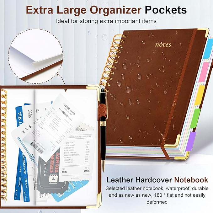 Hardcover Spiral Notebook 8"x10" Journal Notebook with Tabs and Removable Dividers 300 Pages 5 Subject Notebook College Ruled, Faux Leather Spiral Bound Notebook for Women School Work (Brown) - Bloomnest
