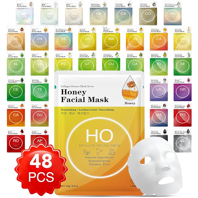 VESPRO Collagen Essence Sheet Facial Masks (48 Pack), Bulk Sheet Masks for Face, Skincare for All Skin Types, Moisturizing and Soothing, Natural Skin Care Spa Face Mask - Bloomnest