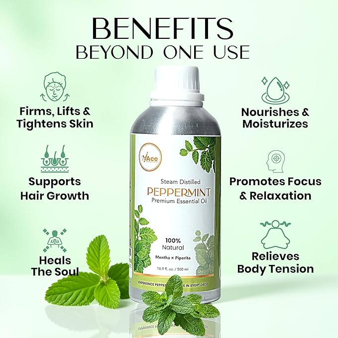 MyAce Peppermint Essential Oil – 100% Pure & Natural, Steam-Distilled Oil for Diffuser, Aromatherapy, Skin Care, Hair, DIY Projects & Home Fragrance - 16 fl oz MyAce