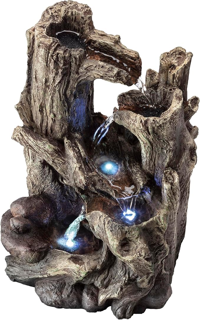 Alpine Corporation WIN786S Indoor 5 Tiered Rainforest Tree Trunk Tabletop Waterfall Fountain with LED Lights, 14" Tall, Brown - Bloomnest