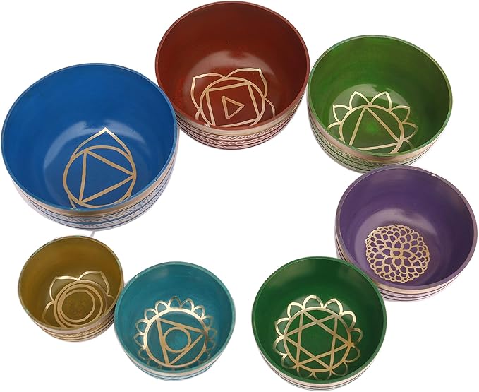 Khusi Tibetan Singing Bowl Set of 7, Handmade, 7 Colors, Chakra Healing, Relaxation, Stress Relief, Comes with Silk Cushions, 4 Sticks and Brocade Box Khusi+Inc