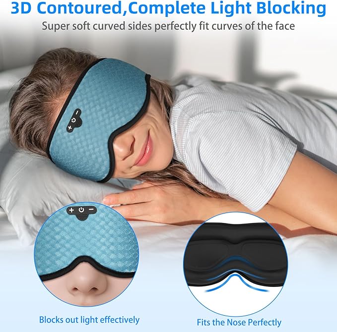 3D Sleep Mask with Bluetooth Headphones, Sleeping Headphones for Side Sleepers, Zero Eye Pressure, Adjustable Sleep Eye Mask, Ultra-Thin Stereo Speakers Perfect for Sleeping-Peacock Blue - Bloomnest