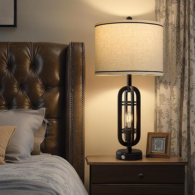 27.25'' Table Lamps Set of 2 for Living Room Bedroom Industrial Farmhouse Metal Touch Lamps with USB A+C Ports, Night Light Vintage Nightstand Bedside Lamp, Bulbs Included, Black - Bloomnest