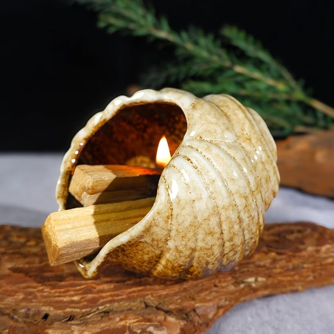 Mini Conch Chiminea Palo Santo Burner - Ceramic Smudging Bowl/Incense Chimney Works with Palo Santo Sticks/Sage/Copal,Tabletop Altar, Thoughtful Gifts for Meditation, Yoga, Aromatherapy - Bloomnest