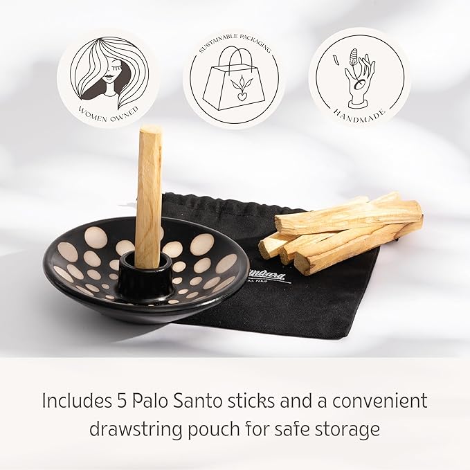 Palo Santo Holder with 5 Sticks - Luna Sundara Handmade Ceramic Incense Burner - Polka Dot Chulucanas Pottery from Peru - Smudge Bowl for Sage - Aromatherapy Gift Set LunaSundara