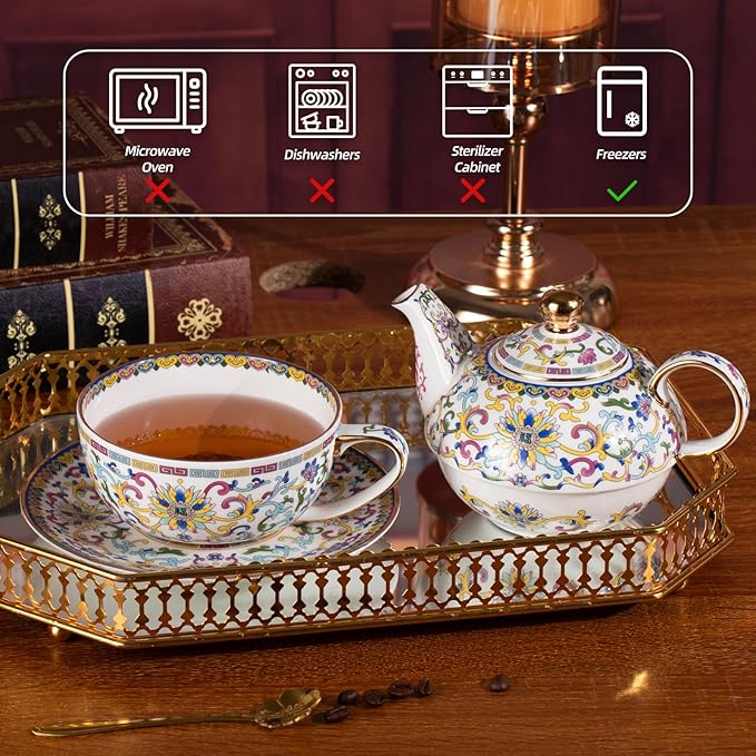 Tea for One, Porcelain Teapot and Cup Set, Vintage Tea Pot and Saucers Set, Ceramic Tea Set for Tea Party, Office and Home, White Tea Cups and Saucer Set for Coffee, Cappuccino, Tea - Bloomnest