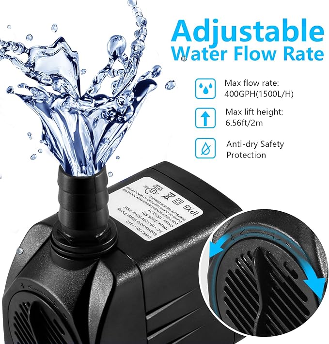 Fountain Pump, 400GPH Submersible , Durable 25W Outdoor Water Pump with 6.5ft Power Cord, 3 Nozzles for Aquarium, Pond, Fish Tank, Water Pump Hydroponics, Backyard Fountain - Bloomnest