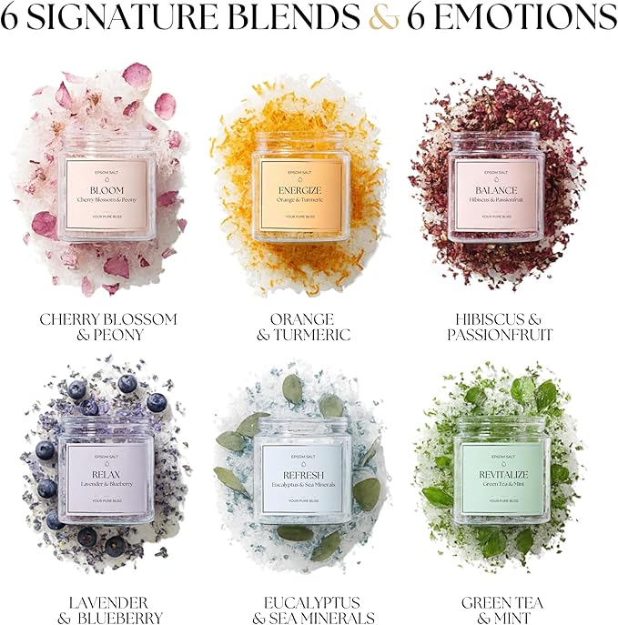 Epsom Salt Bath Gift Set – 6 Aromatherapy Blends with Essential Oils – Bath & Body Gift Set for Women, Stress Relief, Self Care, Birthday Gifts – Jane & Bloom