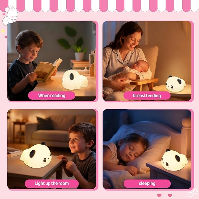 Night Light for Kids, Rechargeable Dimmable Silicone LED Nightlight with 7 Colors, Baby Nursery Night Lamp, Touch Squishy Lamp, Cute Gifts for Girls, Boys, Toddler Room Decor, Lying Panda - Bloomnest