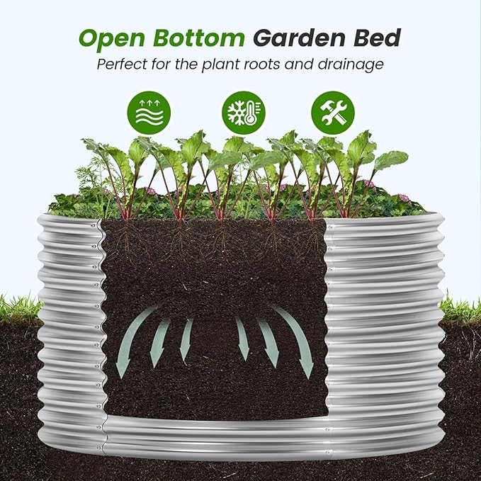 Land Guard 4×4×3ft Galvanized Raised Garden Bed Kit, Round Galvanized Planter Raised Garden Boxes Outdoor, Large Metal Raised Garden Beds for Vegetables, Silver - Bloomnest
