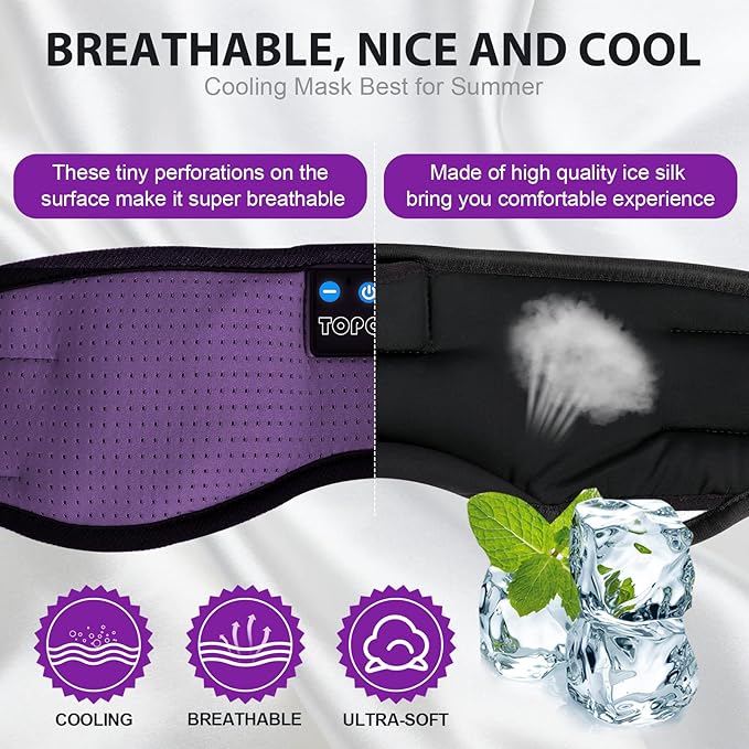 TOPOINT Sleep Mask with Bluetooth Headphones, Breathable Silk Eye Mask for Sleeping Men Women, Bluetooth Sleep Mask Blackout with Speakers, Microphone Handsfree, USB C for Travel Meditation Gifts - Bloomnest