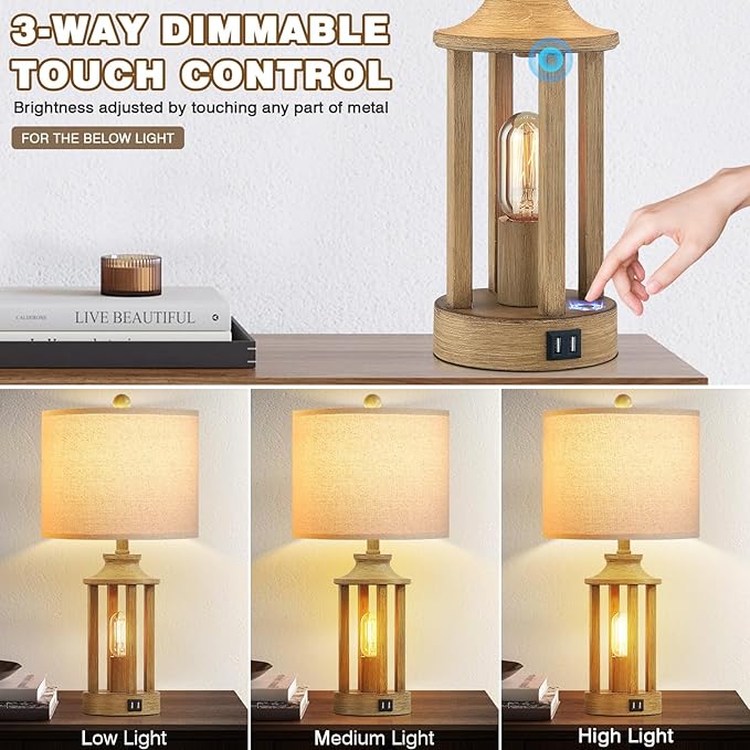 Touch Control Farmhouse Table Lamp Set of 2 with 2 USB Ports, 3 Way Dimmable Bedside Lamps with 2 LED Nightlight，Rustic Nightstand Lamps for Bedroom, Living Room Office (4 LED Bulbs Included) - Bloomnest