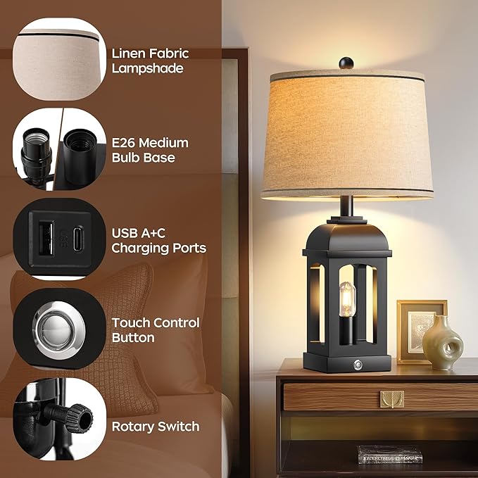 QiMH Table Lamp for Living Room, Farmhouse Lamps Set of 2 with USB A+C and Nightlight, 26" Rustic Bedside Lamps with 3-Way Dimmable Touch Control, Nightstand Lamp for Bedroom Decor, Black - Bloomnest