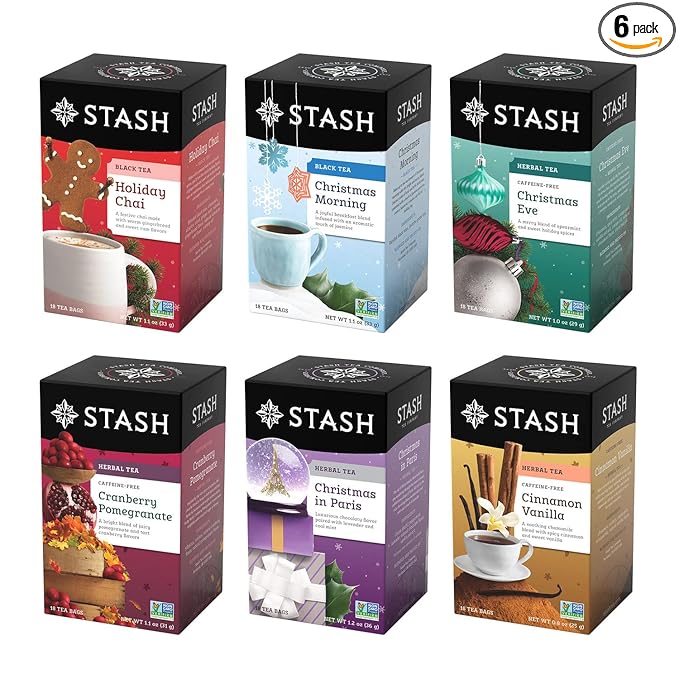 Stash Tea Holidays Are Here Variety Pack Sampler Assortment - Caffeinated, Non-GMO Project Verified Premium Tea with No Artificial Ingredients, 18 Count (Pack of 6) - 108 Bags Total - Bloomnest