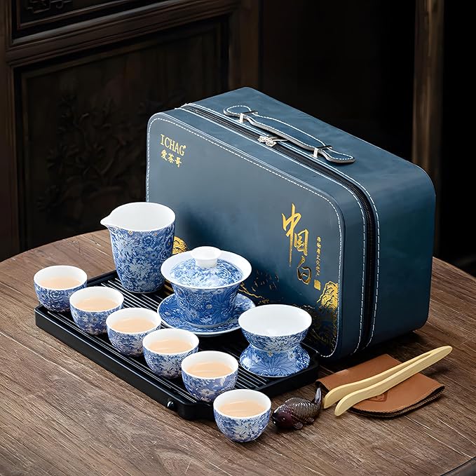 ICHAG Chinese Tea Set, Gongfu Tea Sets for Adults, Asian Gaiwan Teaset, 14-Piece Yangzhi Jade (羊脂玉茶具) with Suspended Gaiwan & Tea Pet, Portable Travel Teaset for Home, Outdoor, Office Gifts - Bloomnest