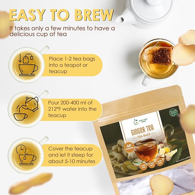 NHAT ANH FARM - Premium Ginger Tea Bags -Dried Ginger Root Tea Bags - 40 Teabags, 2.5g/bag. 100% Natural & Pure, Caffeine Free. Good for your health. - Bloomnest