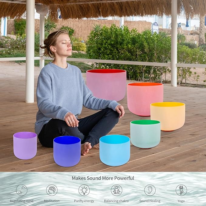 432HZ Set of 7 Colored Crystal Singing Bowls of Meditation 6-12 Inch Sound Bowl for Yoga, Chakra Healing,2PCS Travel Carry Case Bag1pcs Rubber Mallet 1pcs crystal mallets