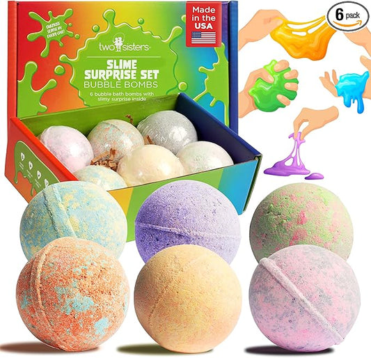 Bubble Bombs for Kids with Surprise Bath Slime Inside (6 Pack) - Colorful Sensory Toys Inside for Boys & Girls – Fizzes, Foams & Bubbles, Fruity Scents, Made in USA by Two Sisters - Bloomnest