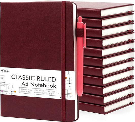 12 Pack Notebooks Journals Bulk with 12 Black Pens, Feela A5 Hardcover Notebook Classic Ruled Journal Set with Pen Holder for School Business Work Travel Writing, 120 GSM, 5.1”x8.3”, Wine - Bloomnest