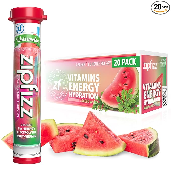 Zipfizz Daily Energy Drink Powder, Watermelon, 20 Pack | 3-in-1 Sustained Energy, Rapid Hydration, and Essential Vitamins | Sugar-Free | Electrolyte Powder | Contains Vitamin B-12 & Antioxidants - Bloomnest