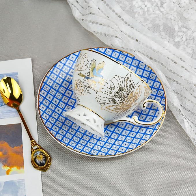 ACMLIFE Bone China Tea Cup and Saucer Set for 1, Vintage Floral Tea Cup with Saucer, Spoon and Gift Box, 6.8 oz (Blue B) - Bloomnest