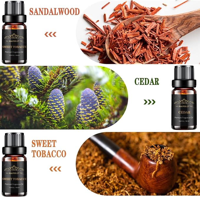 Essential Oils Set, Men Scents Fragrance Oil Aromatherapy Essential Oils Kit for Diffuser (6x10ML) - Sandalwood, Cedar, Leather, Sweet Tobacco, Rum, Cologne Aromatherapy Oils Gift for Men - Bloomnest