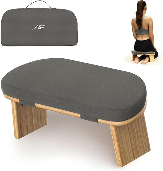 Meditation Chair w/ Extra Thick Cushion - Portable Bamboo Meditation Bench w/ Magnetic Locking Hinge - Anterior Tilt Seiza Bench Ideal for Comfortable & Stable Meditation - Sleek Canvas Kneeling Chair - Bloomnest
