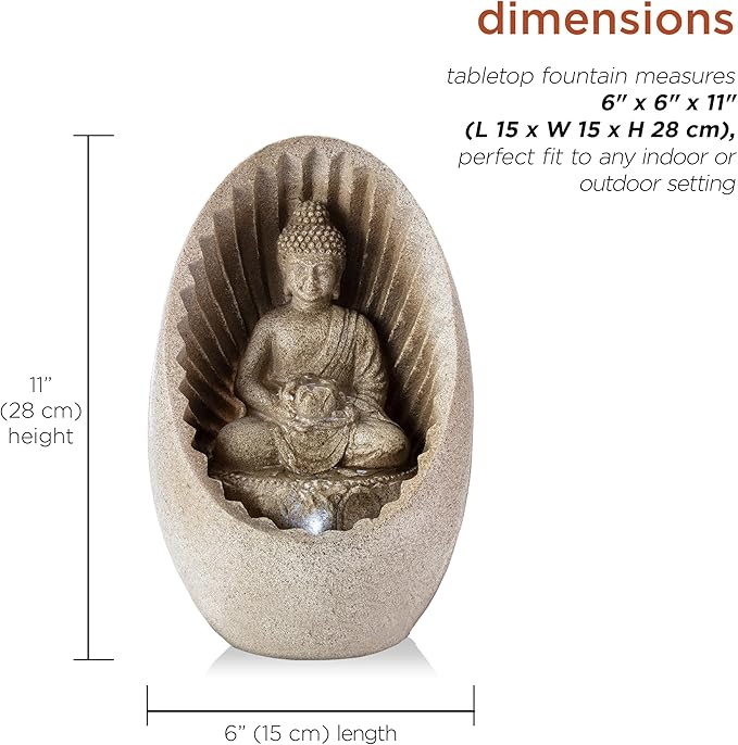 Alpine Corporation WIN322 Indoor/Outdoor Tabletop Buddha Fountain with LED Lights, Soothing Buddha Garden Fountain 11", Beige - Bloomnest