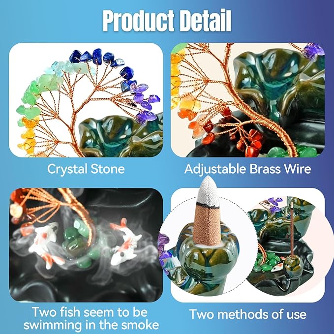 Backflow Incense Burner Ceramic Incense Waterfall Backflow Incense Holder 7 Chakras Gemstone Money Tree Crystal Tree Namaste Chakra Bracelet Cushion FengShui (Green) - Bloomnest
