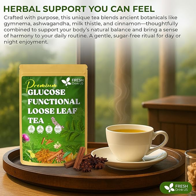 FreshDrinkUS, Glucose Functional Loose Leaf Tea | 4oz | Herbal Blend of Gymnema, Milk Thistle, Dandelion Root, Cinnamon & Ashwagandha – Naturally Caffeine-Free, Premium Quality, Balanced Flavor. Vegan - Bloomnest