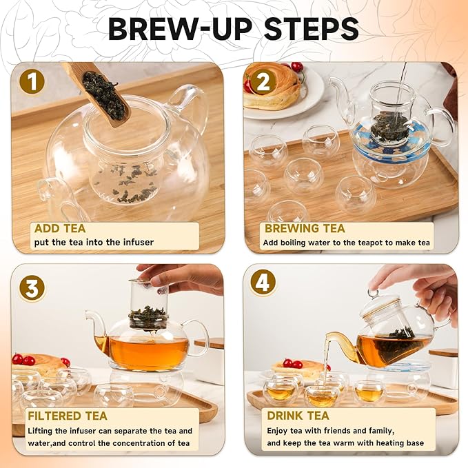 Glass Teapot Set, 27OZ/800ML Stovetop Safe Glass Tea Kettle with 6 Small Double Wall Tea Cups & Loose Tea Infuser & Tea Warmer, Microwave & Dishwasher Safe Tea Maker, Blooming Tea Gift Set - Bloomnest