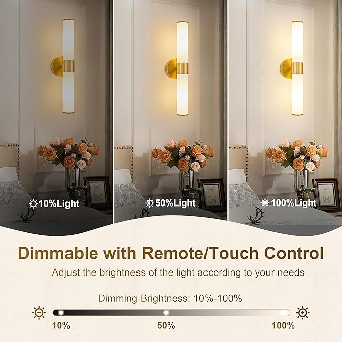 Gold Battery Operated Wall Sconces Set of 2, Rechargeable Wall Lights with Remote Control, 20 Inch Modern Wireless Wall Lamp for Bedroom, Living Room (Bulbs Included) - Bloomnest