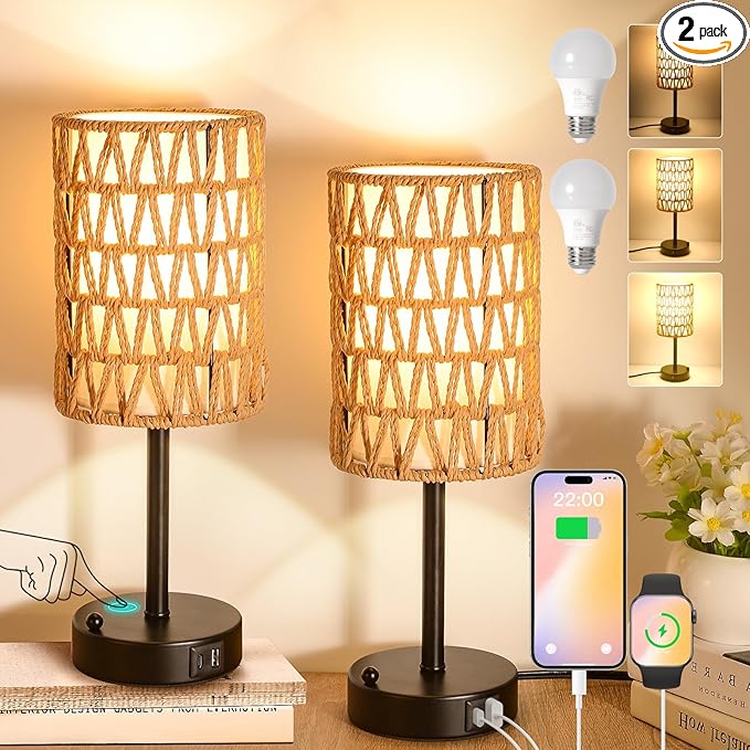 Rattan Table Lamps for Living Room, 3 Way Dimmable Touch Lamps, Small Bedside Lamps with LED Bulbs, Phone Stand, USB Ports and AC Outlet, Boho Nightstand Lamp for Kids Room, Bedroom, Office (2 Pack) - Bloomnest