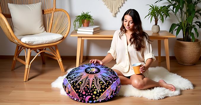 CRAFT KALA Large Round Bohemian Floor Pillow Pouf Cover Mandala Meditation Room Pillow Cover for Adults Boho Seating Poufs Cushion Cover for Kids Playroom 32" Round Multi Purple Burning Sun - Bloomnest