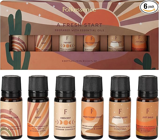 Folkulture Fragrance Oils for Diffuser | Set of 6 Essential Oils Set for Diffusers for Home | Diffuser Oil Scents - Lavender, Palo Santo, Rose Geranium, Lemongrass, Ocean Salt | Lotus Gift Box Set - Bloomnest