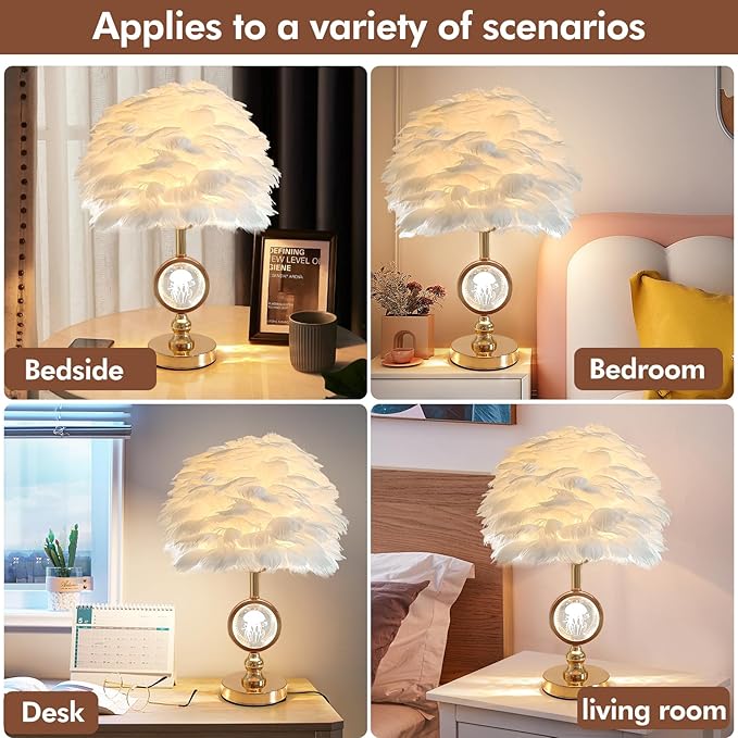 Chic White Feather Lamp Decoration Fluffy Table Lamp Creative Princess Goose Feather Desk Lamp Teen Girl Wedding Bedroom Romantic Bedside Nightstanding Light - Bloomnest