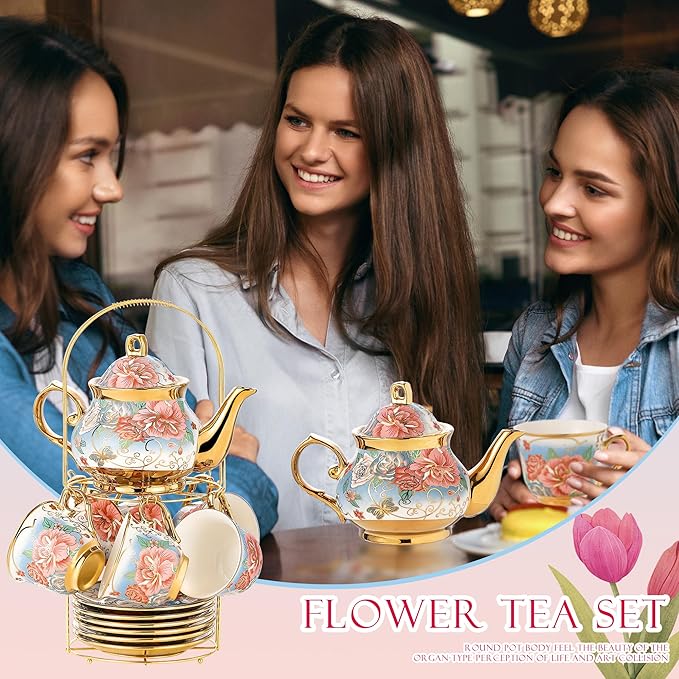 20 Pieces Porcelain Tea Set With Metal Holder, European Ceramic tea set for adults,Flower Tea Set,Tea Set For Women With Flower Painting (VIVID BLUE, Largr Vision) - Bloomnest