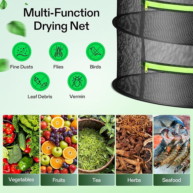 VIVOSUN 2-Layer Mesh Drying Rack Hanging Design with Green Zippers for Dehydrating, Indoor and Outdoor Pruning Shears Included - Bloomnest