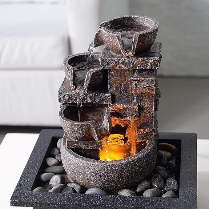 Kalona Décor Desktop Fountain - 10" 4-Tier Design with Imitation Stone, Indoor Waterfall Tabletop River Rocks & Resin Material for Serene Meditation & Relaxation - Ideal for Home & Office Decor - Bloomnest