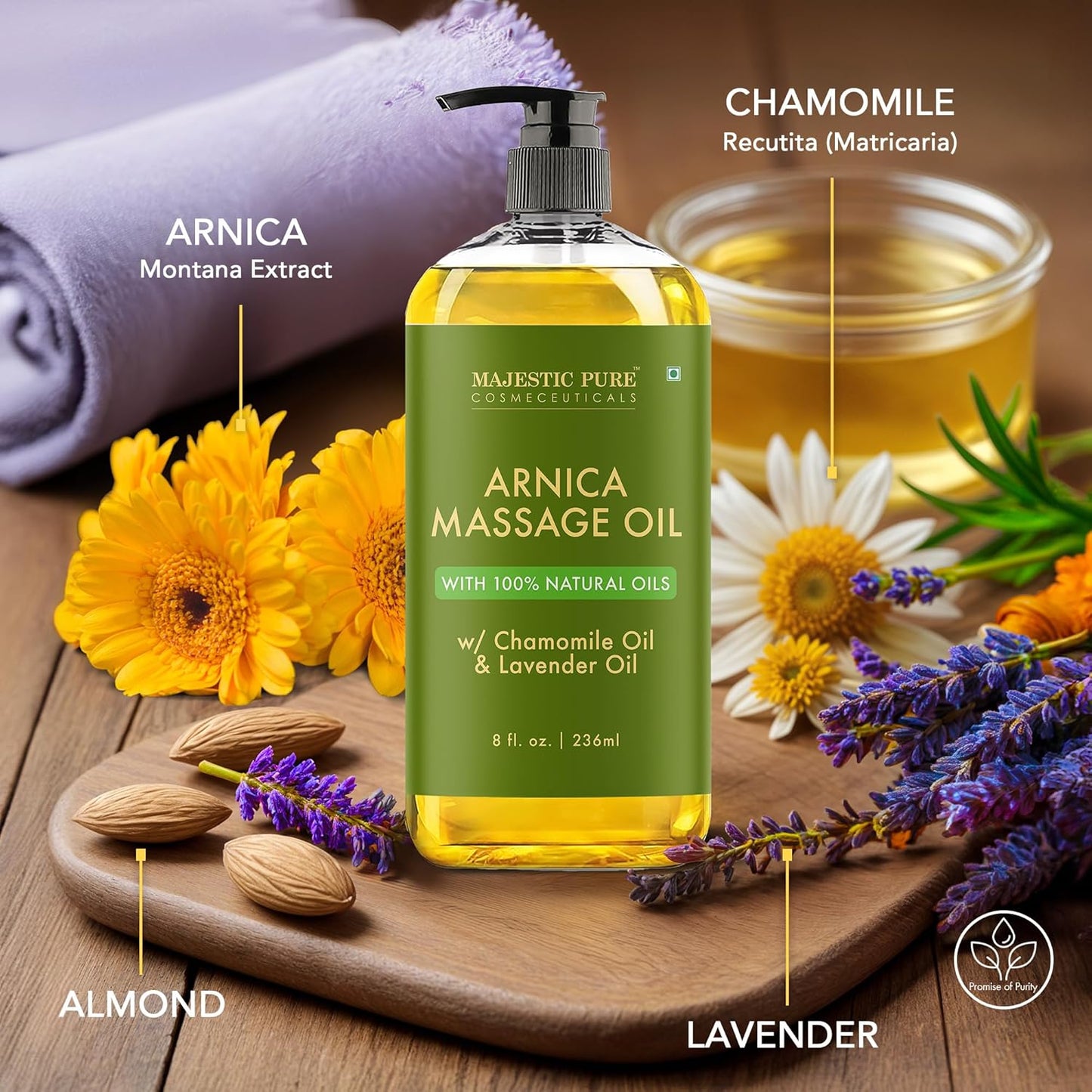 MAJESTIC PURE Arnica Massage Oil for Massage Therapy - Refreshing, and Relaxing - Natural Oils with Lavender & Chamomile Essential Oils - for All Skin Types - Men and Women - 8 fl oz